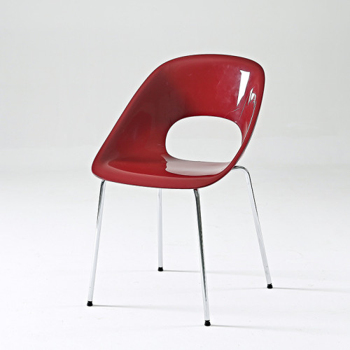 Stylish dark red plastic cafe chair with chromed metal legs