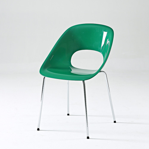 Stylish green plastic cafe chair with chromed metal legs