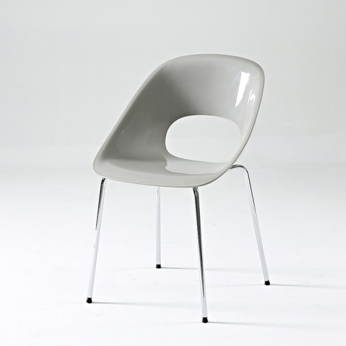 Stylish light grey plastic cafe chair with chromed metal legs