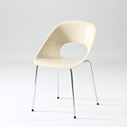 Stylish beige plastic cafe chair with chromed metal legs