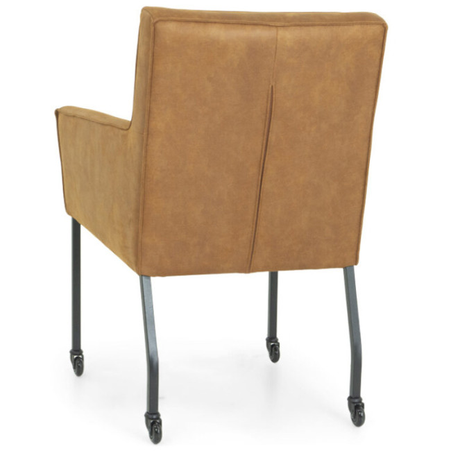 Mid century modern brown upholstered dining armchair on wheels
