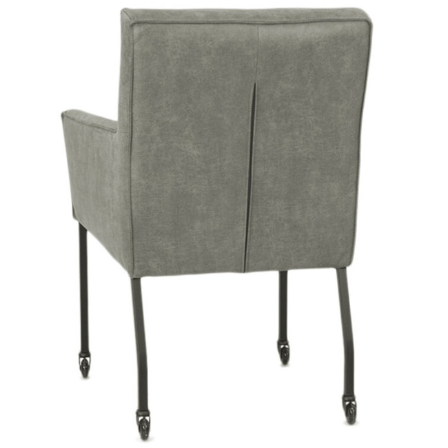 Mid century modern grey upholstered dining armchair on wheels