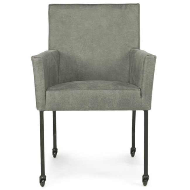 Mid century modern grey upholstered dining armchair on wheels