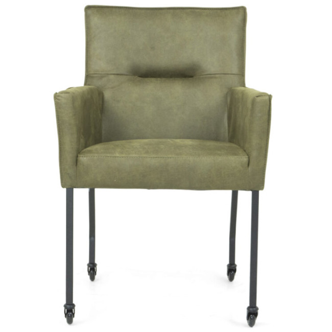 Mid century modern green upholstered dining armchair on wheels