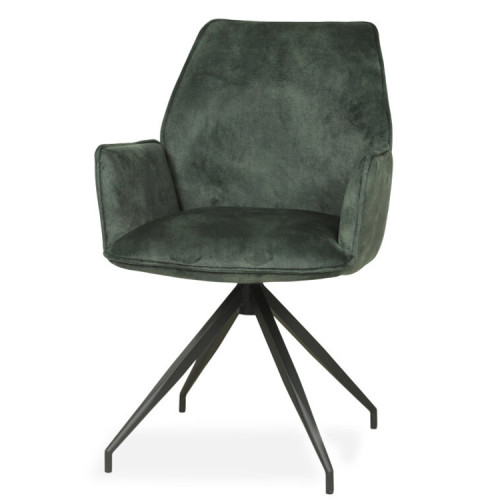 Sleek dark green velvet dining armchair with metal stand