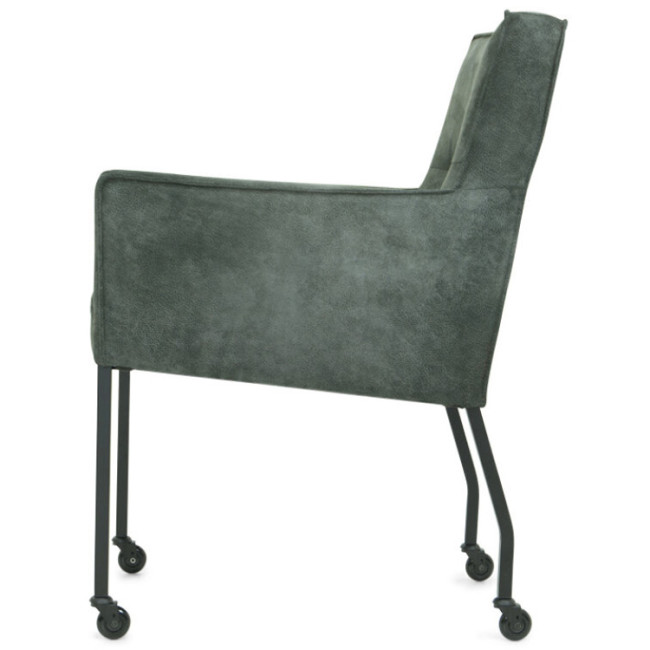 Mid century modern dark grey upholstered dining armchair on wheels