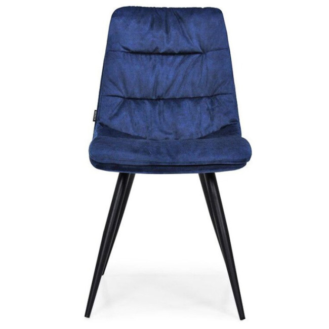 Blue fabric padded dining chair with metal legs
