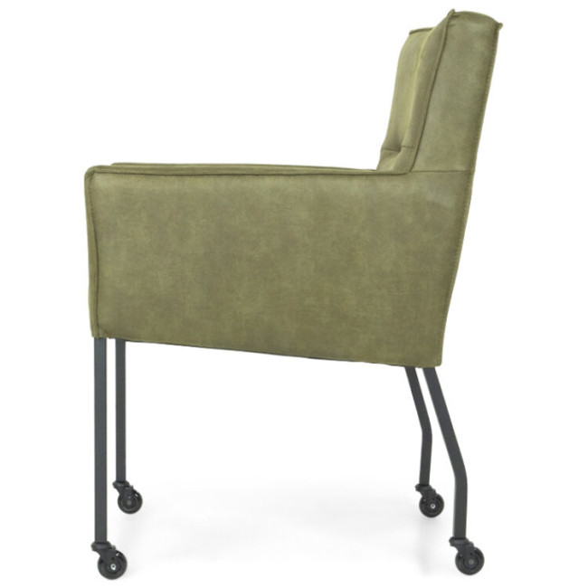 Mid century modern green upholstered dining armchair on wheels