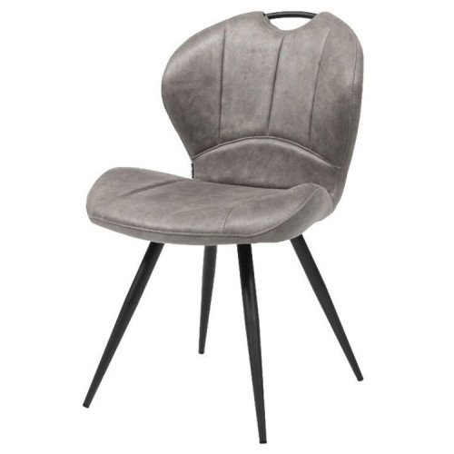 Stunning grey upholstered dining chair, with sleek metal legs and a stylish industrial design