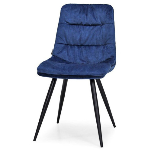 Blue fabric padded dining chair with metal legs