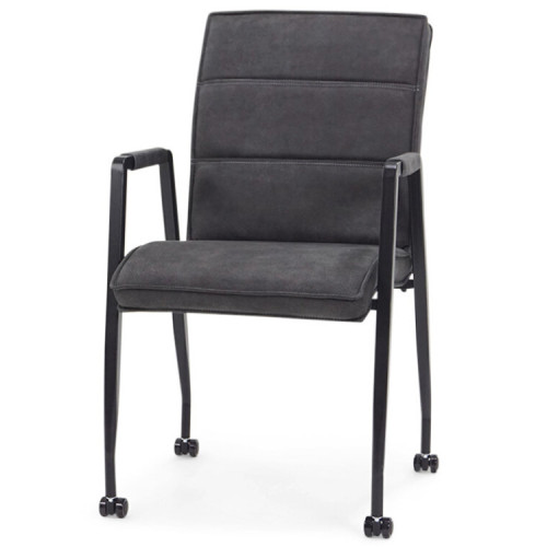 High back metal frame dark grey upholstered armchair on wheels