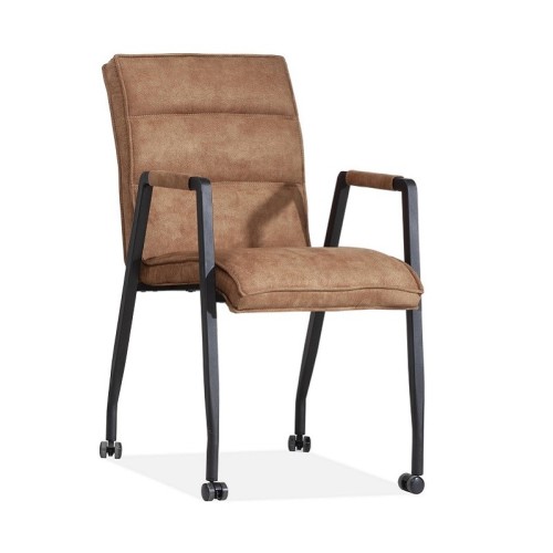 High back metal frame brown upholstered armchair on wheels