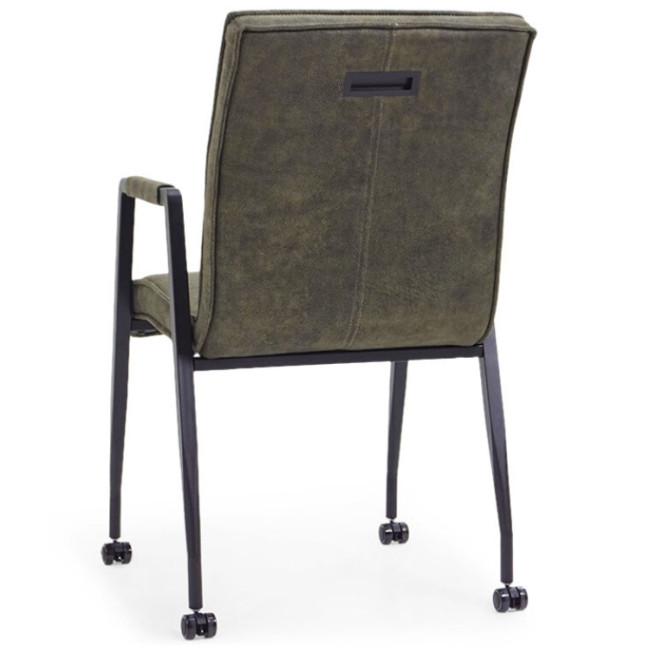 High back metal frame dark green upholstered armchair on wheels