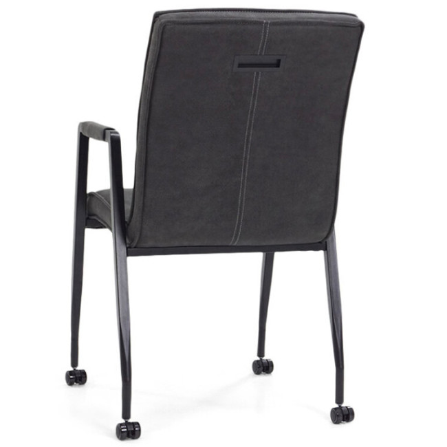 High back metal frame dark grey upholstered armchair on wheels