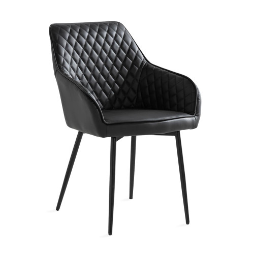 Elegant and contemporary black faux leather dining chair with metal legs and armrests
