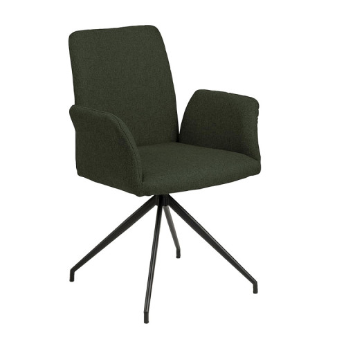 Luxurious dark green fabric armchair with a sleek metal stand