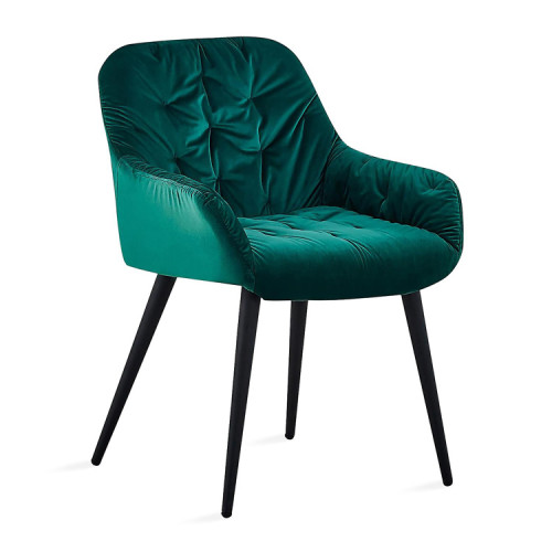 Stunning and luxurious green tufted velvet dining chair with metal legs and armrests