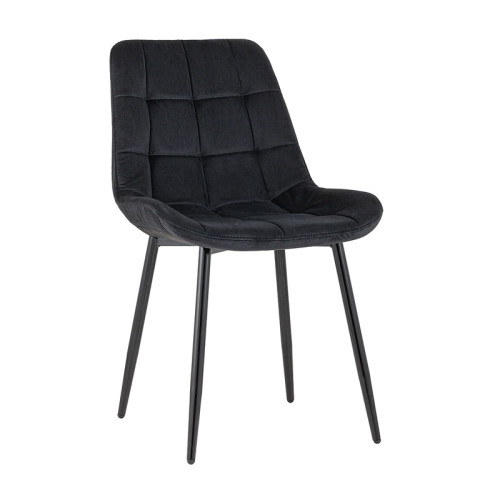 Luxurious black velvet dining chair with a curved back and metal legs