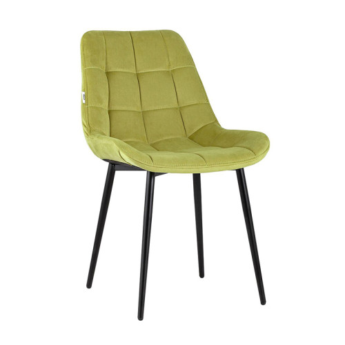 Luxurious green velvet dining chair with a curved back and metal legs