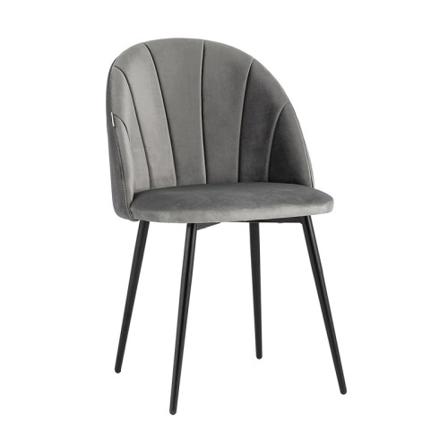 Dark Grey Velvet Dining Chair with Vertical Lines and Metal Legs