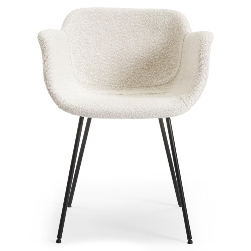 Luxurious and versatile beige boucle dining armchair with metal legs and an ergonomic back