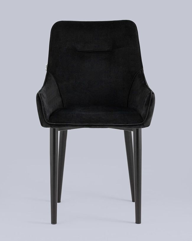 Curved back black velvet dining chair with armrest