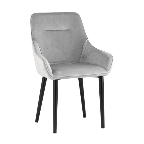 Curved back light grey velvet dining chair with armrest