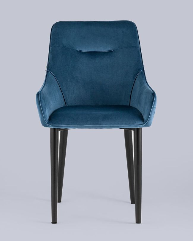 Curved back dark blue velvet dining chair with armrest