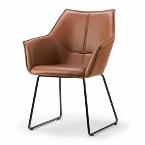 Mid century modern brown leather dining armchair with metal stand