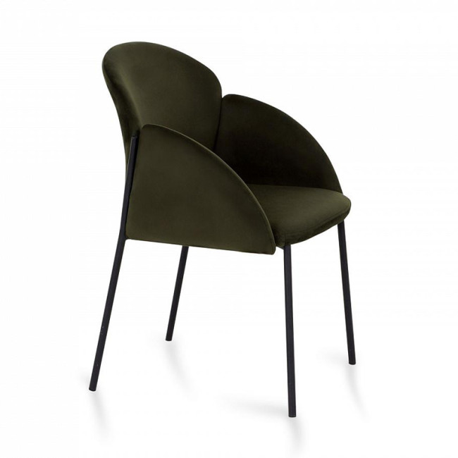 Luxurious dark green velvet dining armchair with stylish metal legs