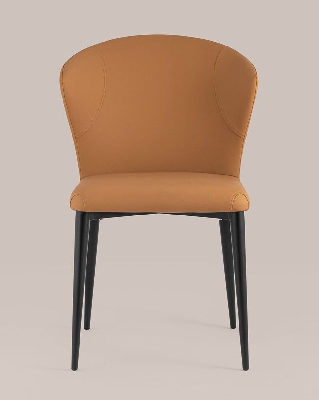 Exquisite brown faux leather dining chair with metal legs and a curved back