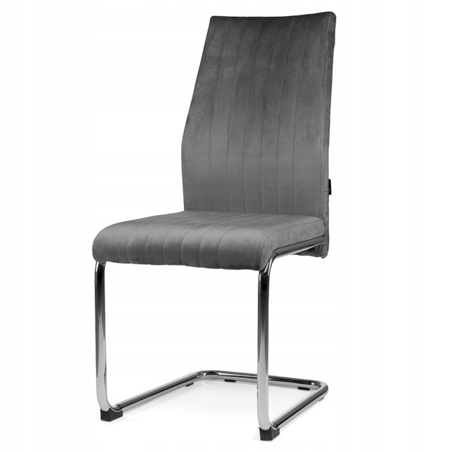 Grey velvet dining chair with a chromed metal base