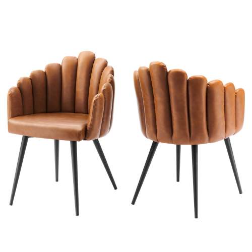 Brown Faux Leather Dining Armchair with Metal Legs and Finger Shaped Backrest