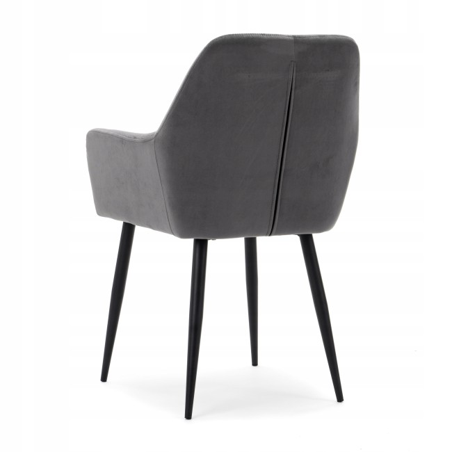 Grey velvet dining armchair with sleek metal legs