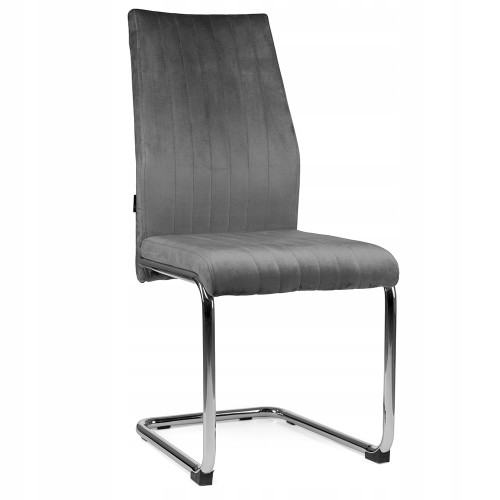 Grey velvet dining chair with a chromed metal base