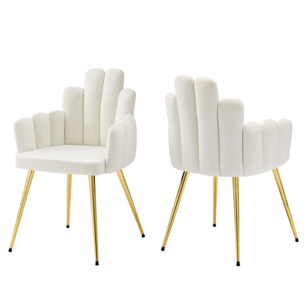 Beige Upholstered Dining Armchair with Golden Metal Legs and Finger Shaped Backrest