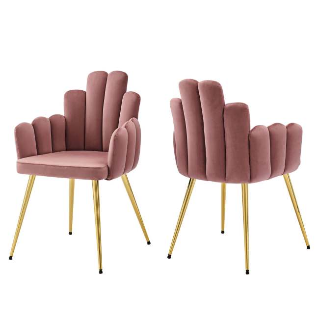 Pink Upholstered Dining Armchair with Golden Metal Legs and Finger Shaped Backrest