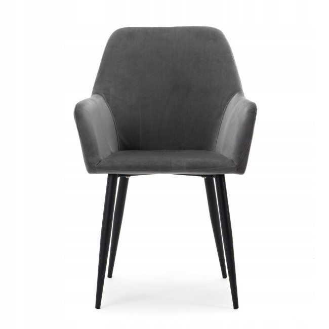 Grey velvet dining armchair with sleek metal legs