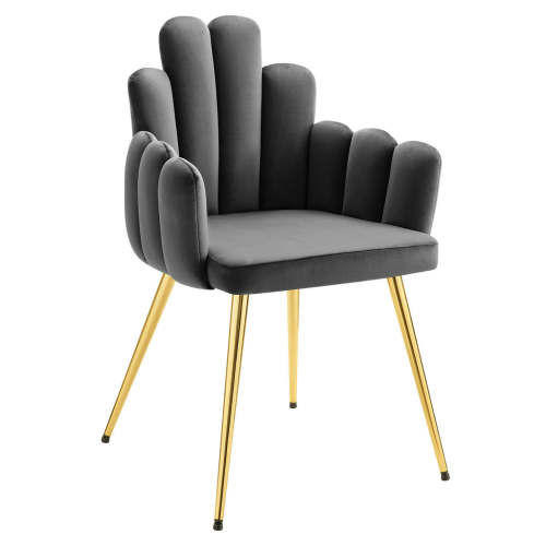 Dark Grey Upholstered Dining Armchair with Golden Metal Legs and Finger Shaped Backrest