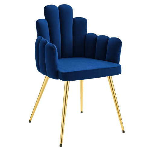 Blue Upholstered Dining Armchair with Golden Metal Legs and Finger Shaped Backrest