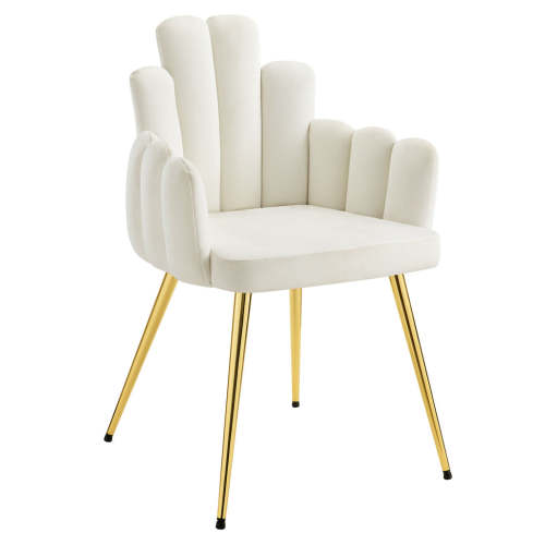 Beige Upholstered Dining Armchair with Golden Metal Legs and Finger Shaped Backrest