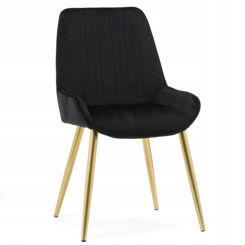Black Velvet Dining Chair with Vertical Backrest and Golden Metal Legs