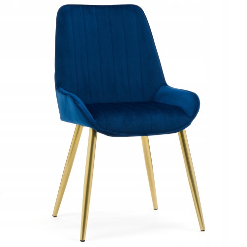 Navy Blue Velvet Dining Chair with Vertical Backrest and Golden Metal Legs