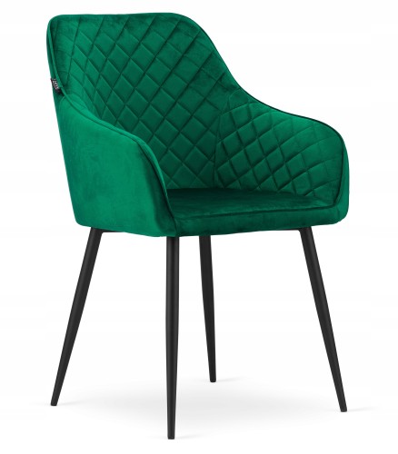 Modern green velvet dining armchair with sleek metal frame