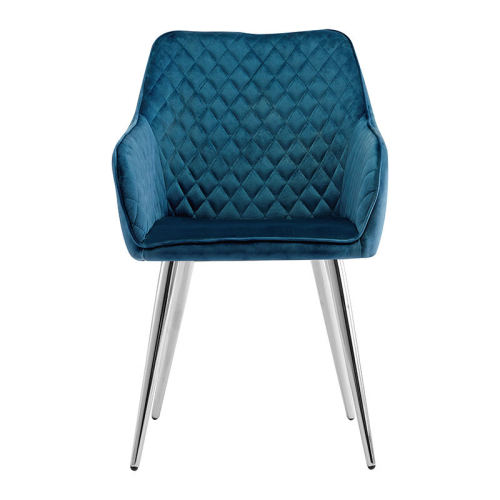 Sophisticated and elegant Dark Blue Upholstered Dining Armchair with Chromed Metal Legs