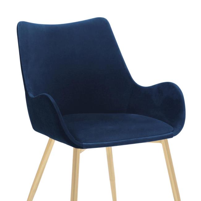 Elegant and luxurious navy blue fabric dining chair with golden metal legs