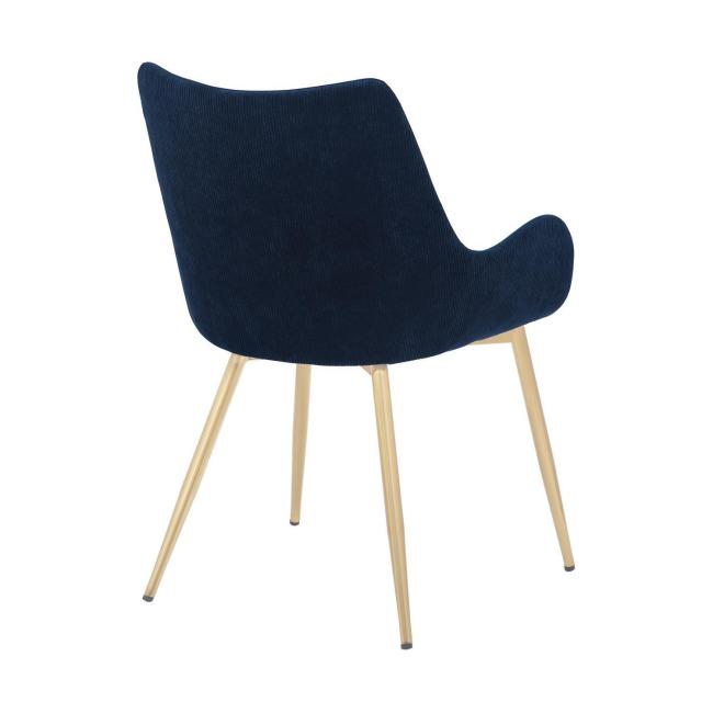 Elegant and luxurious navy blue fabric dining chair with golden metal legs