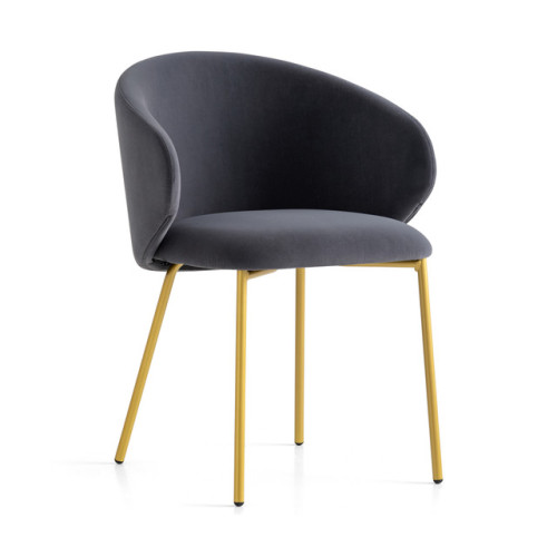 Dark Grey Velvet Dining Chair with Golden Metal Legs and Armrests