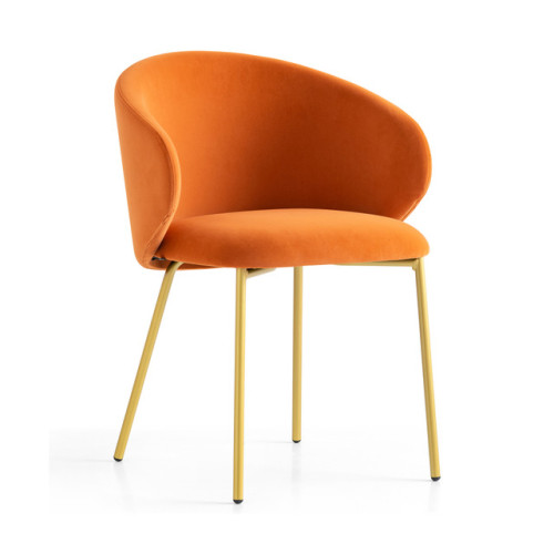 Orange Velvet Dining Chair with Golden Metal Legs and Armrests