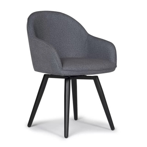 Dark grey fabric dining armchair with black metal legs